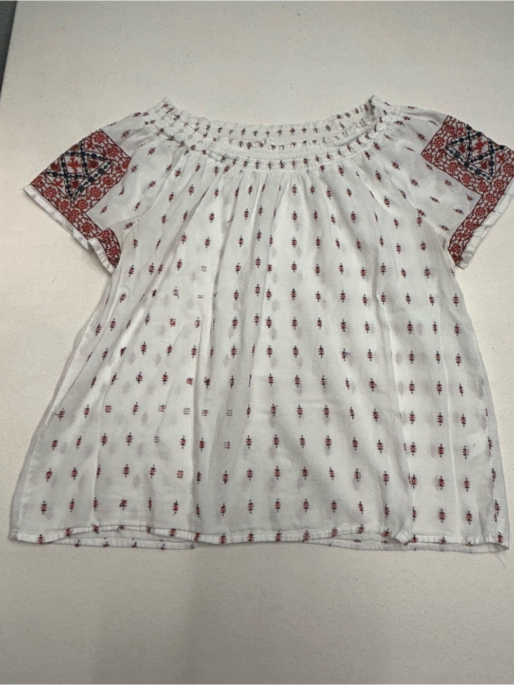 Westport White Peasant Top with Red Geometric Sleeve Accents
